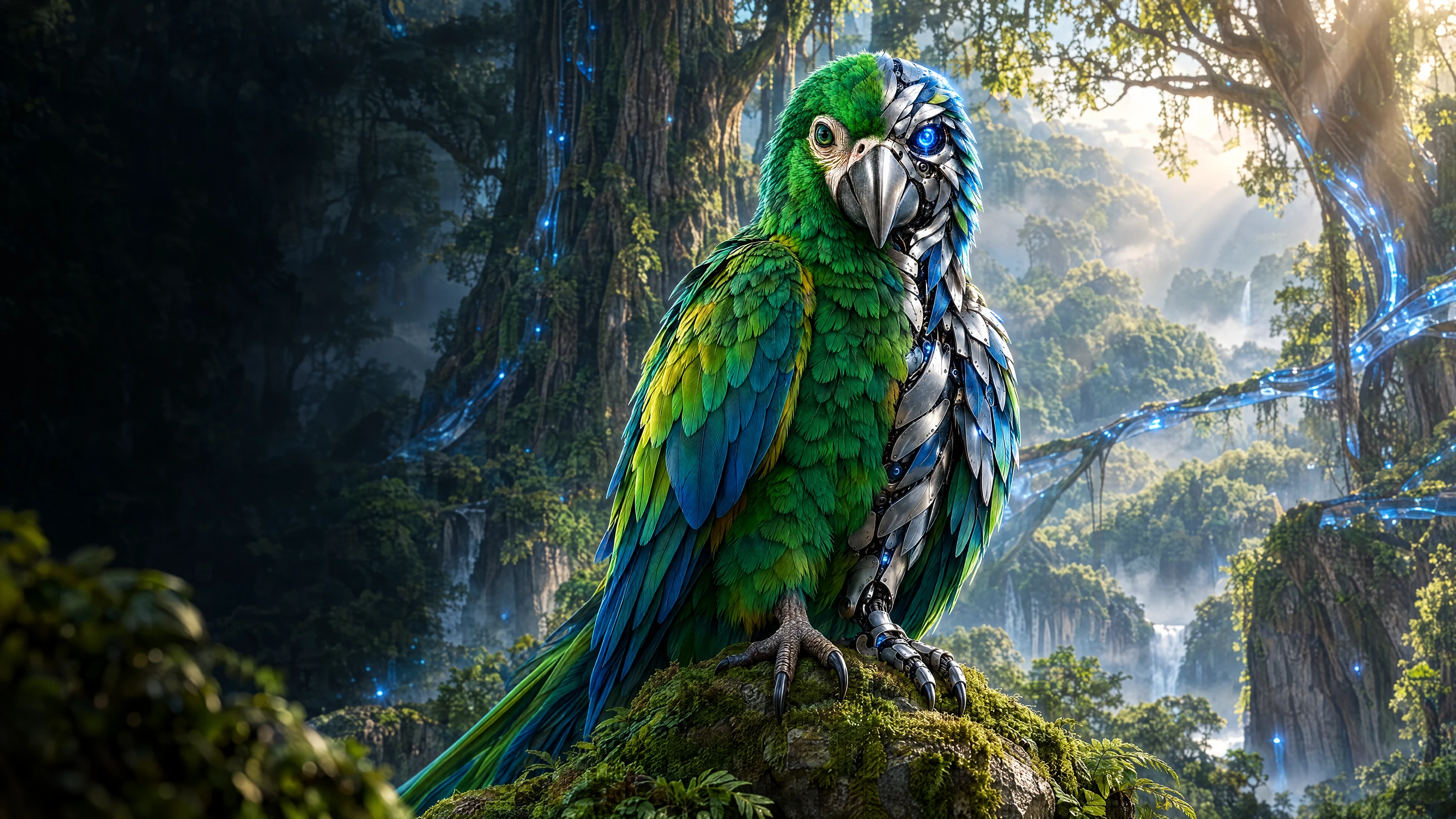A realistic parrot, half feathered and half precision robotics, rests in a forest threaded with blue light.